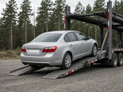 Седан съезжает с автовоза на площадку в Солигорске